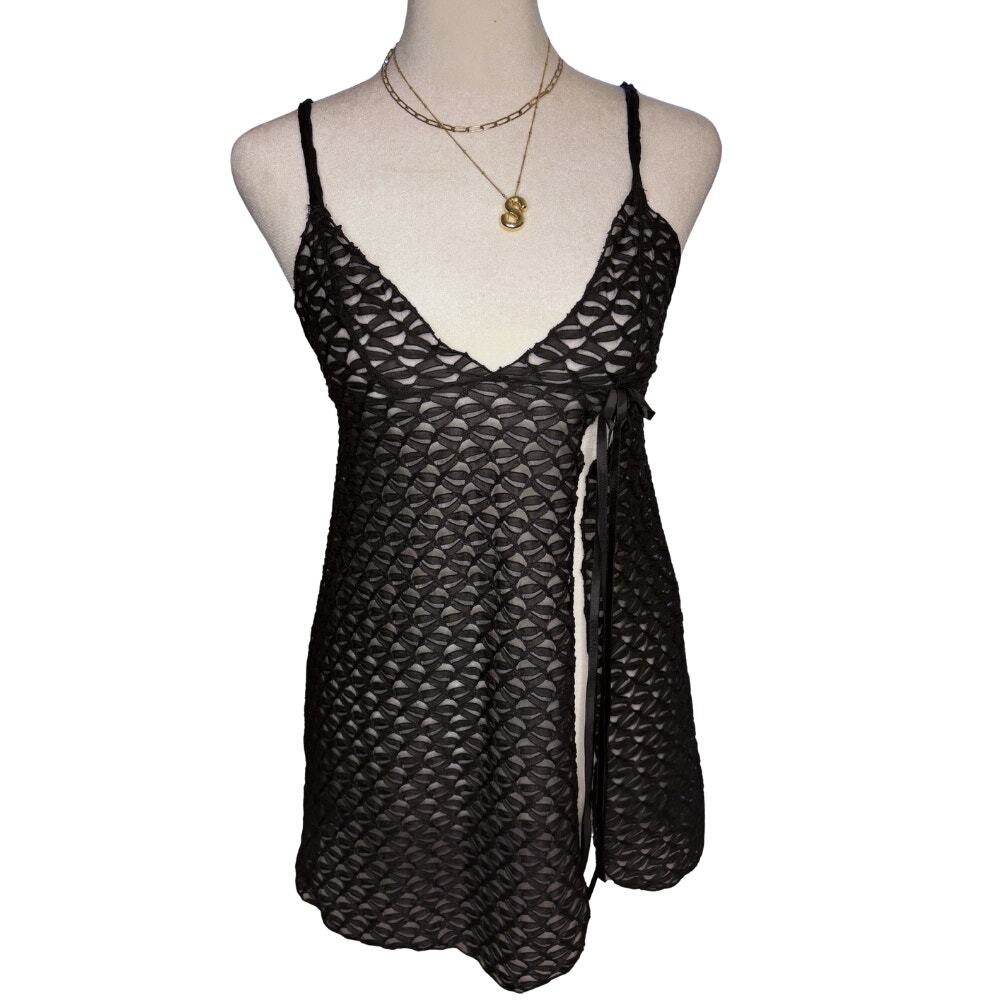 Vintage Elegant Moments Lace Babydoll Mini Slip Dress Top Black Y2K Sheer